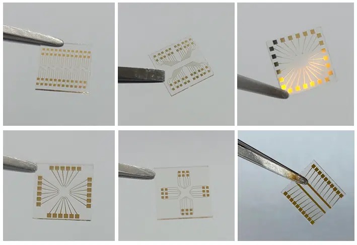 Photographs of gold thin-film electrodes on glass substrates.